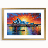 Abstract art print of Sydney skyline in gold frame, featuring muted earth tones, ideal for dining room decor.