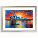 Extra large abstract art print of Sydney scenery in muted blues and greens, framed in silver, ideal for living room decor.