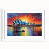 Textured abstract art print of Sydney skyline in muted blue tones, framed in white, ideal for bedroom art.