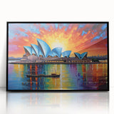 Large abstract wall art depicting Sydney scenery in mid-century modernist style, acrylic on black framed canvas.