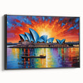 Black and white framed canvas of Sydney landscape, ideal for bedroom wall art in a vintage poster style.