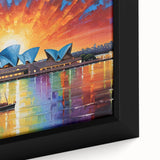 Extra large framed canvas featuring a textured depiction of the Sydney skyline in black with colorful art accents.