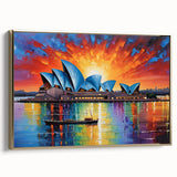 Vintage poster art of Sydney skyline on extra large framed canvas, featuring colorful art against black.
