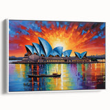Landscape art painting of Sydney, featuring colorful skyline on white framed canvas, ideal for modern living room decor.