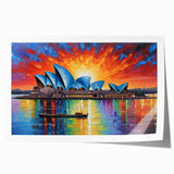 Rolled print of Sydney skyline with soft blue and pink hues, suitable as art wall dining room decor.
