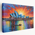 Sydney skyline depicted in muted blue and gray tones on a large stretched canvas, suitable for kitchen wall art.