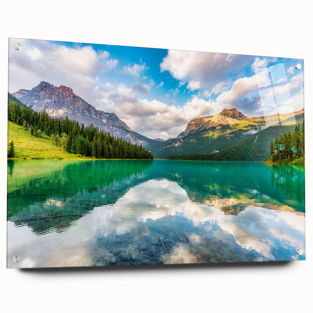 Acrylic print of British Columbia scenery with lush green landscapes on a clear day, ideal for dining room decor.