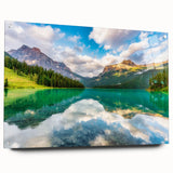 Acrylic print of British Columbia scenery with lush green landscapes on a clear day, ideal for dining room decor.