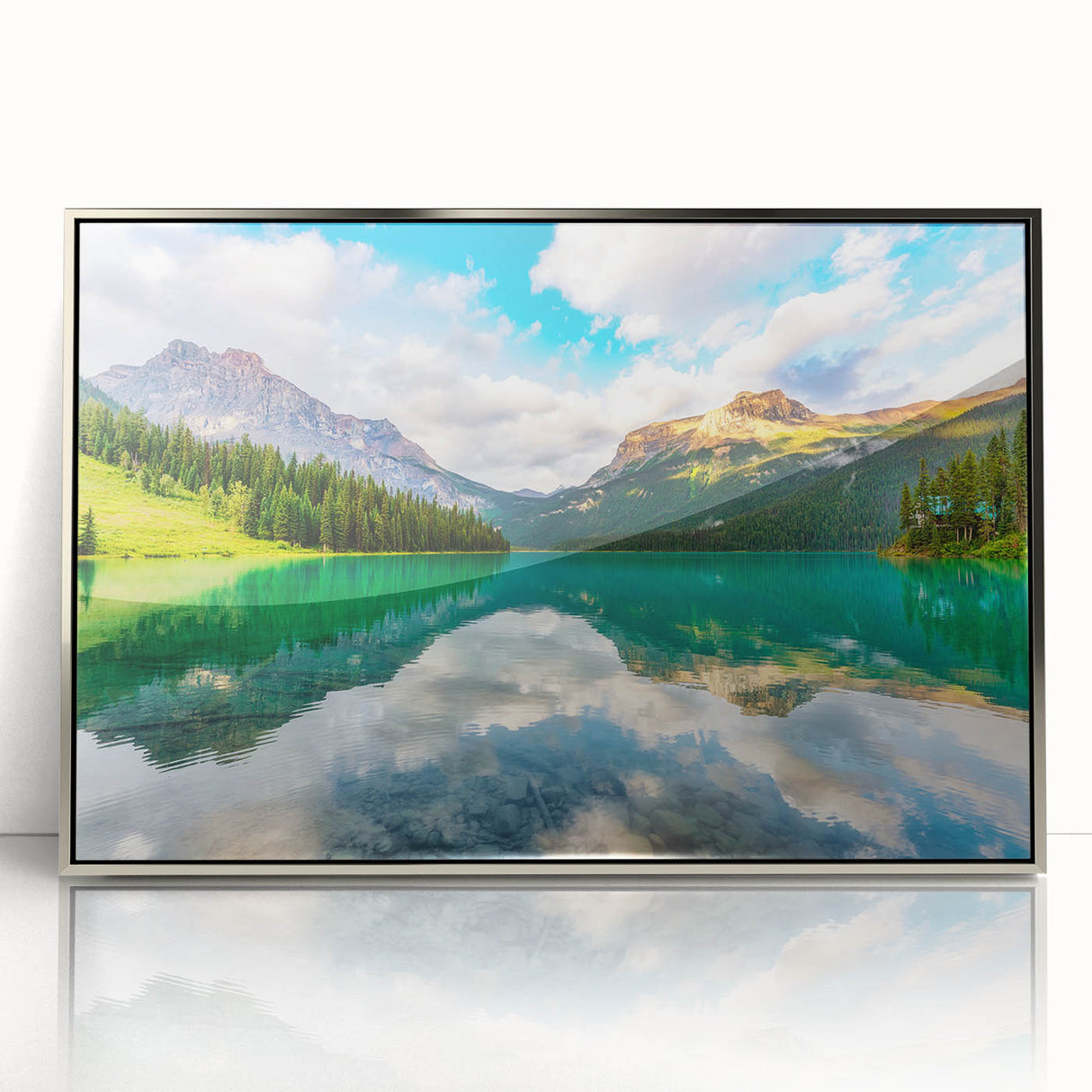 Mid-century modernist art depicting British Columbia scenery in muted earth tones on a silver-framed acrylic print.