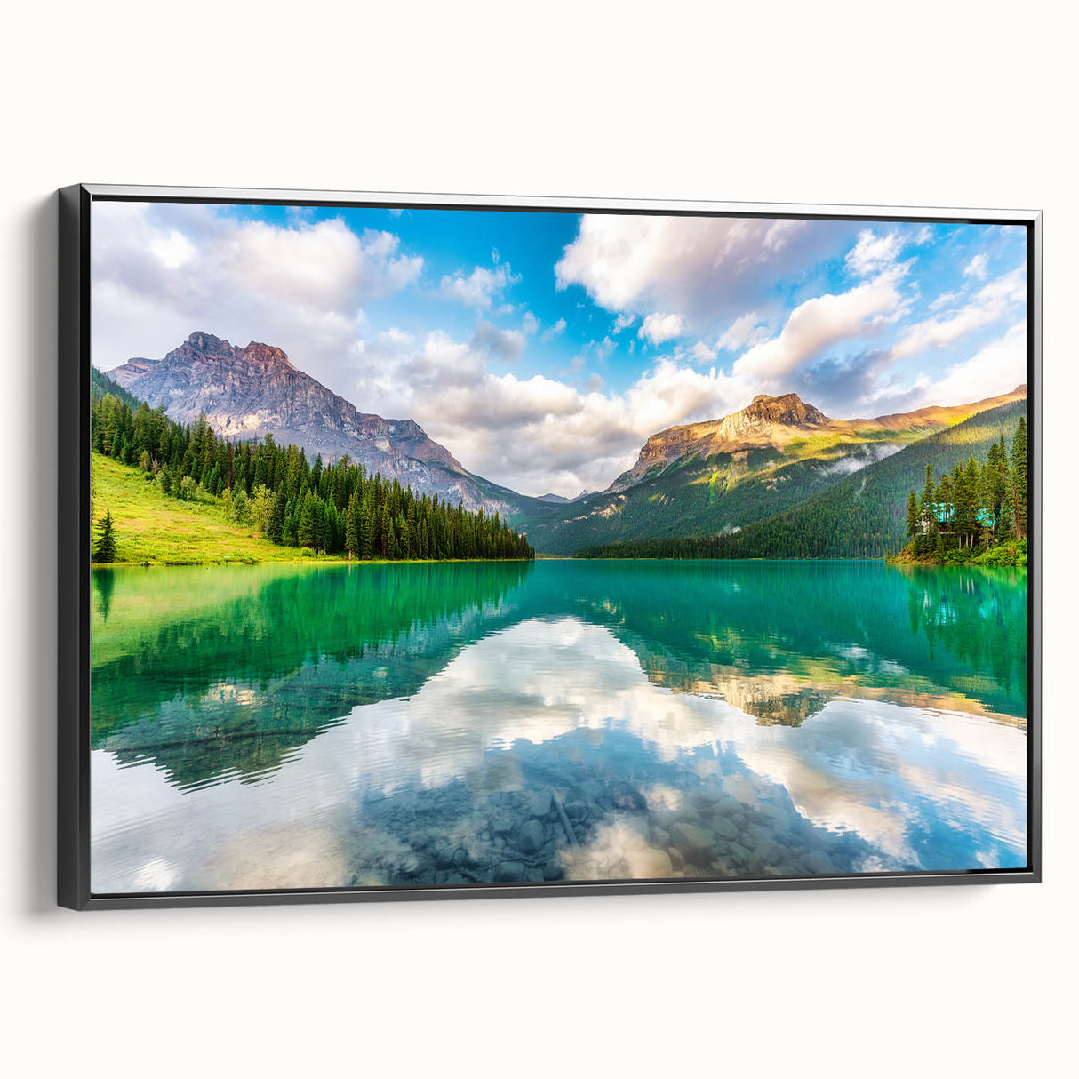 Black and white framed canvas of British Columbia landscape, ideal for bedroom wall art.