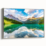 Landscape art painting of British Columbia on framed canvas, featuring vibrant colors with a vintage poster style.