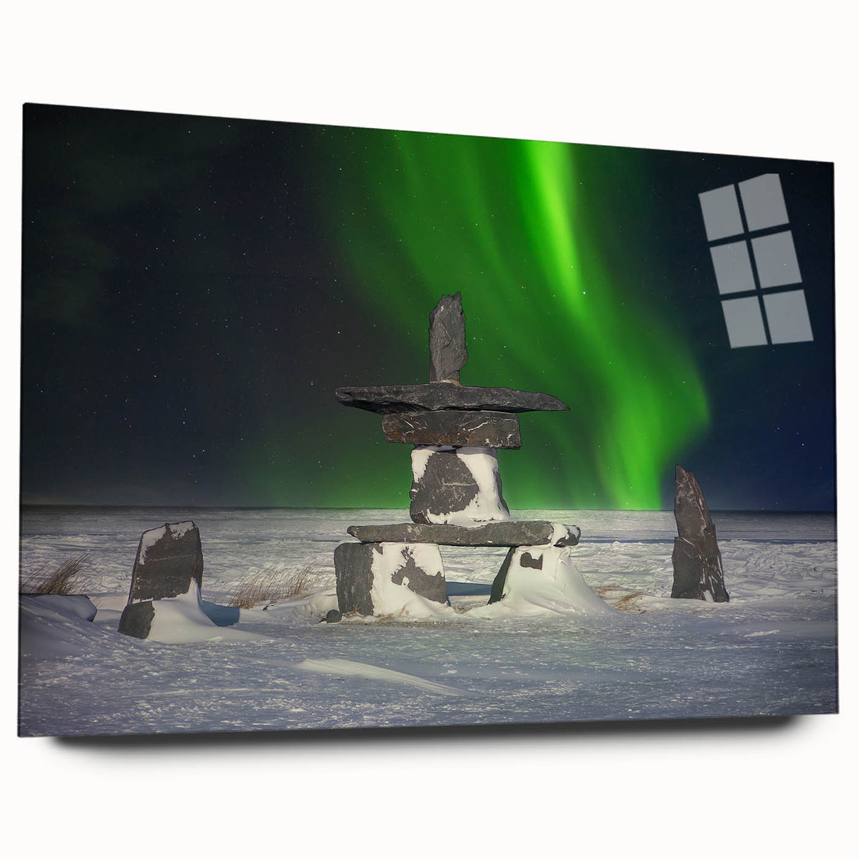 Large abstract depiction of a Manitoba scenery on acrylic glass, using cool blue and green tones.