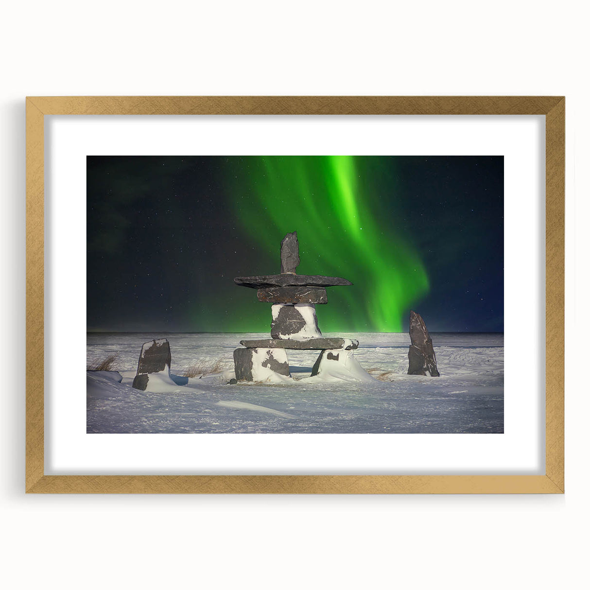 Extra large abstract art print depicting a textured scenery of Manitoba, in a gold frame with mat.