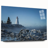 Large abstract wall art of New Brunswick scenery in muted blues and greens on acrylic glass.