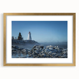 Extra large abstract art print of New Brunswick scenery in gold frame, featuring textured hues of blue and gray.