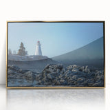 Acrylic print of a Canadian New Brunswick landscape in muted greens and blues, framed in gold.
