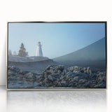 Mid-century modernist art depicting New Brunswick scenery, in muted earth tones on a framed acrylic.