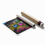 Extra large rolled print of a Newfoundland scenery with soft floral accents, in muted green and blue tones.