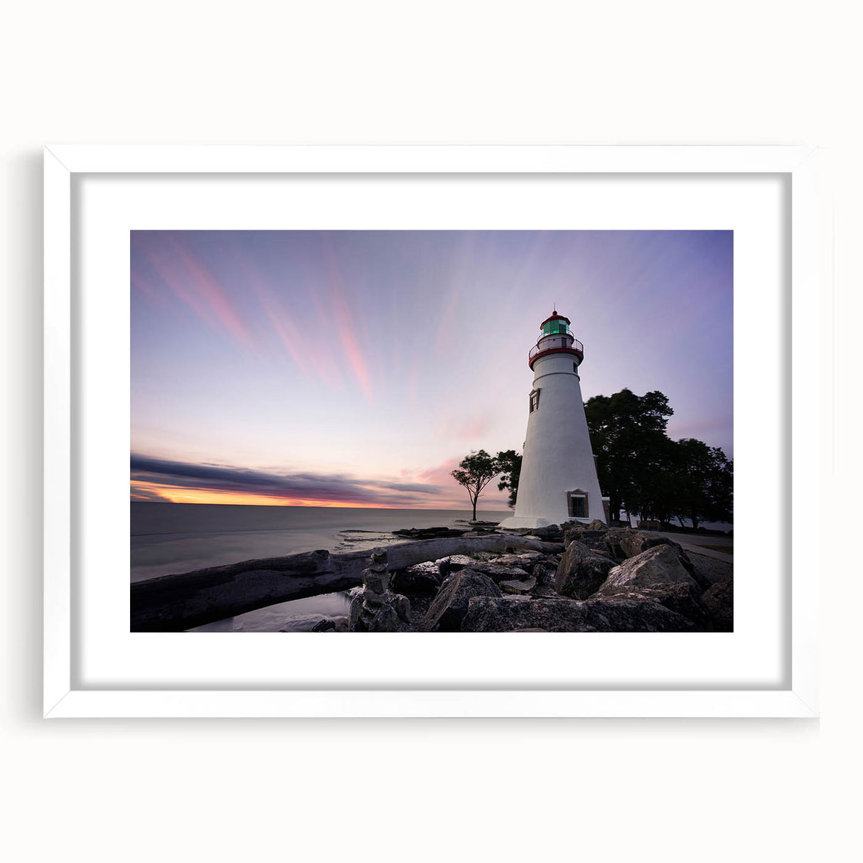 Abstract art print of Nova Scotia scenery in muted blue and green tones, framed with a white mat.
