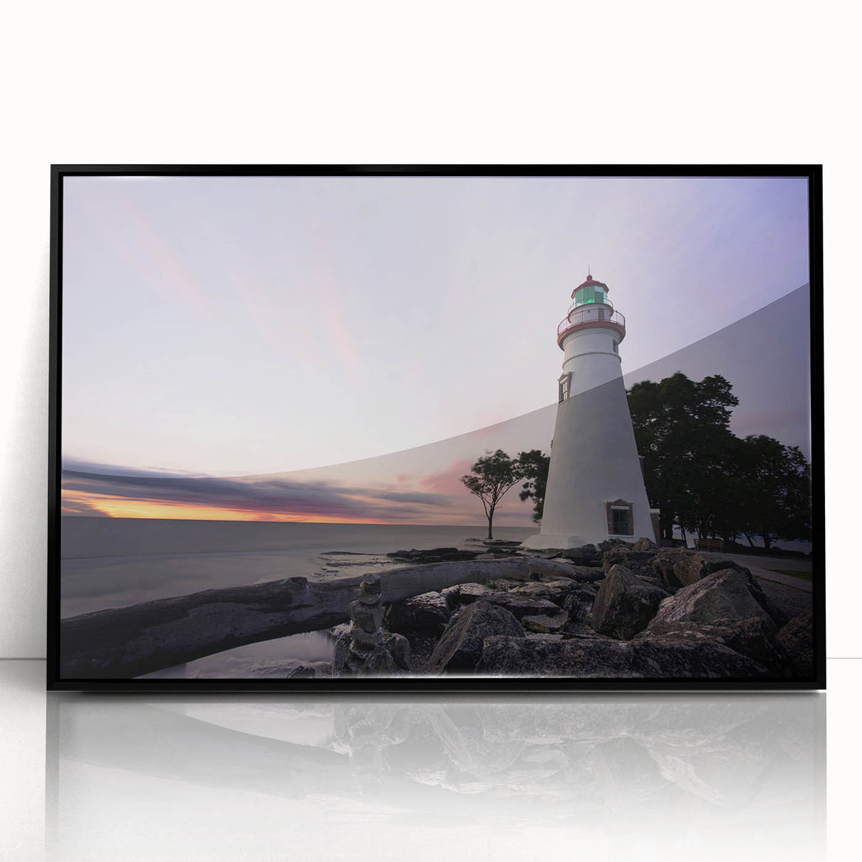Large abstract wall art depicting a serene Nova Scotia scenery in muted earth tones, framed in black acrylic.