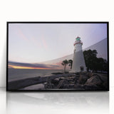Large abstract wall art depicting a serene Nova Scotia scenery in muted earth tones, framed in black acrylic.