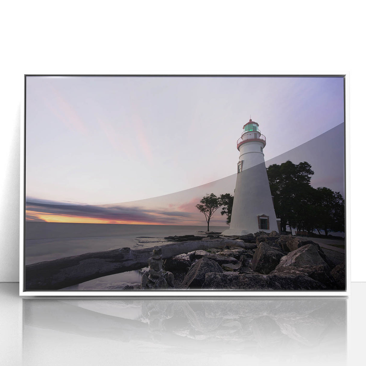 Acrylic print of Nova Scotia scenery, framed in white, featuring muted blue and green tones, ideal for modern art wall decor.