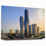 Large abstract wall art featuring a serene Ontario landscape in muted blue and green tones on acrylic glass.