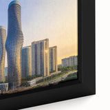 Close-up of a textured black wall art depicting a colorful Ontario, Canada scenery on a framed canvas.