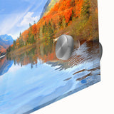 Large abstract wall art featuring a Quebec scenery in muted blue and green tones on acrylic glass.