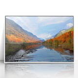 Acrylic print of Quebec scenery in art deco style with muted blue and white tones, ideal for modern nursery wall art.