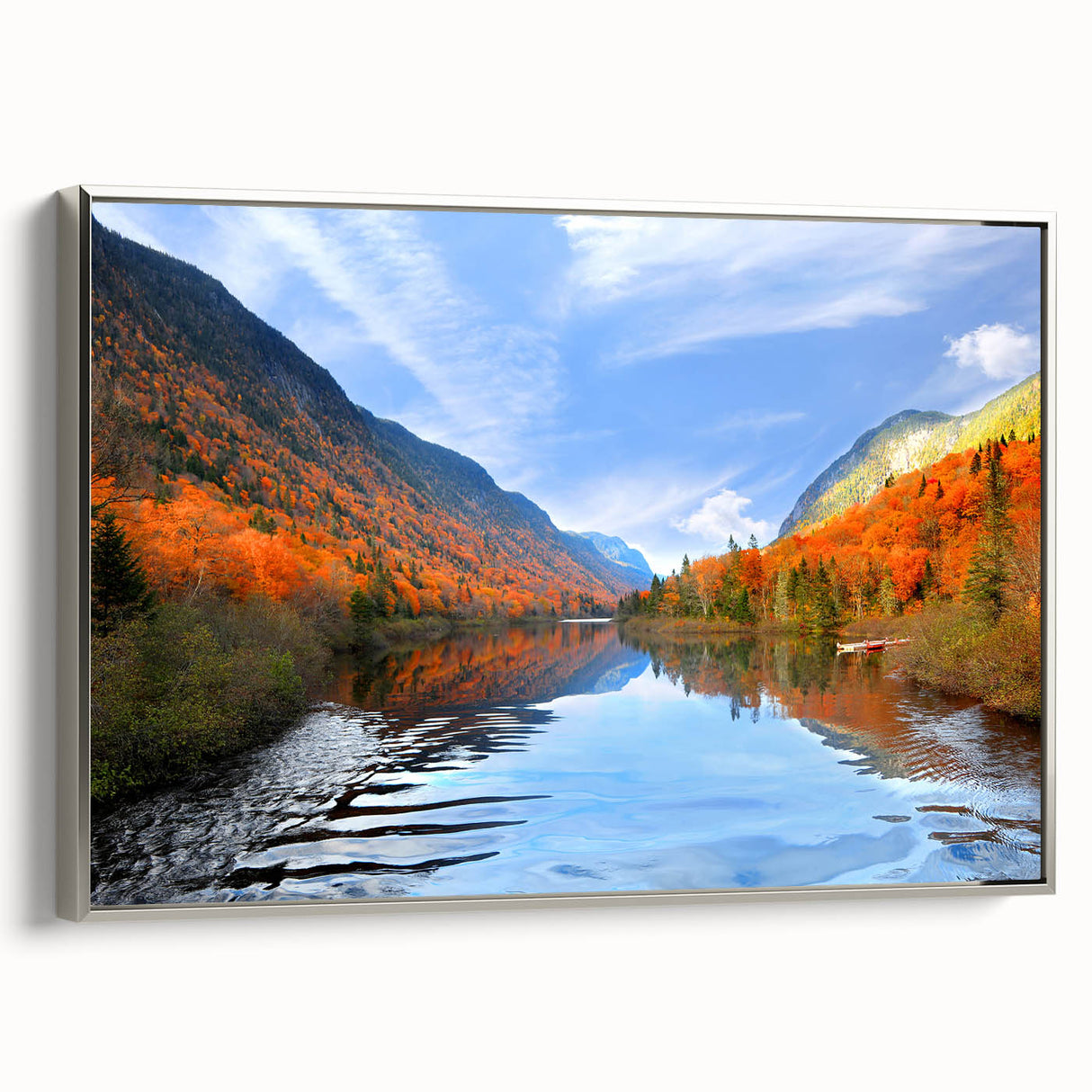 Landscape art painting of Quebec scenery on framed canvas, with muted earth tones and silver frame.