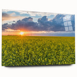Large abstract wall art depicting a serene Saskatchewan landscape in soft blue and green tones on acrylic glass.