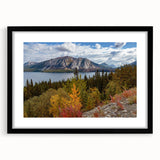 Extra large abstract art print of colorful Yukon scenery on textured canvas, framed in black, ideal for living room decor.
