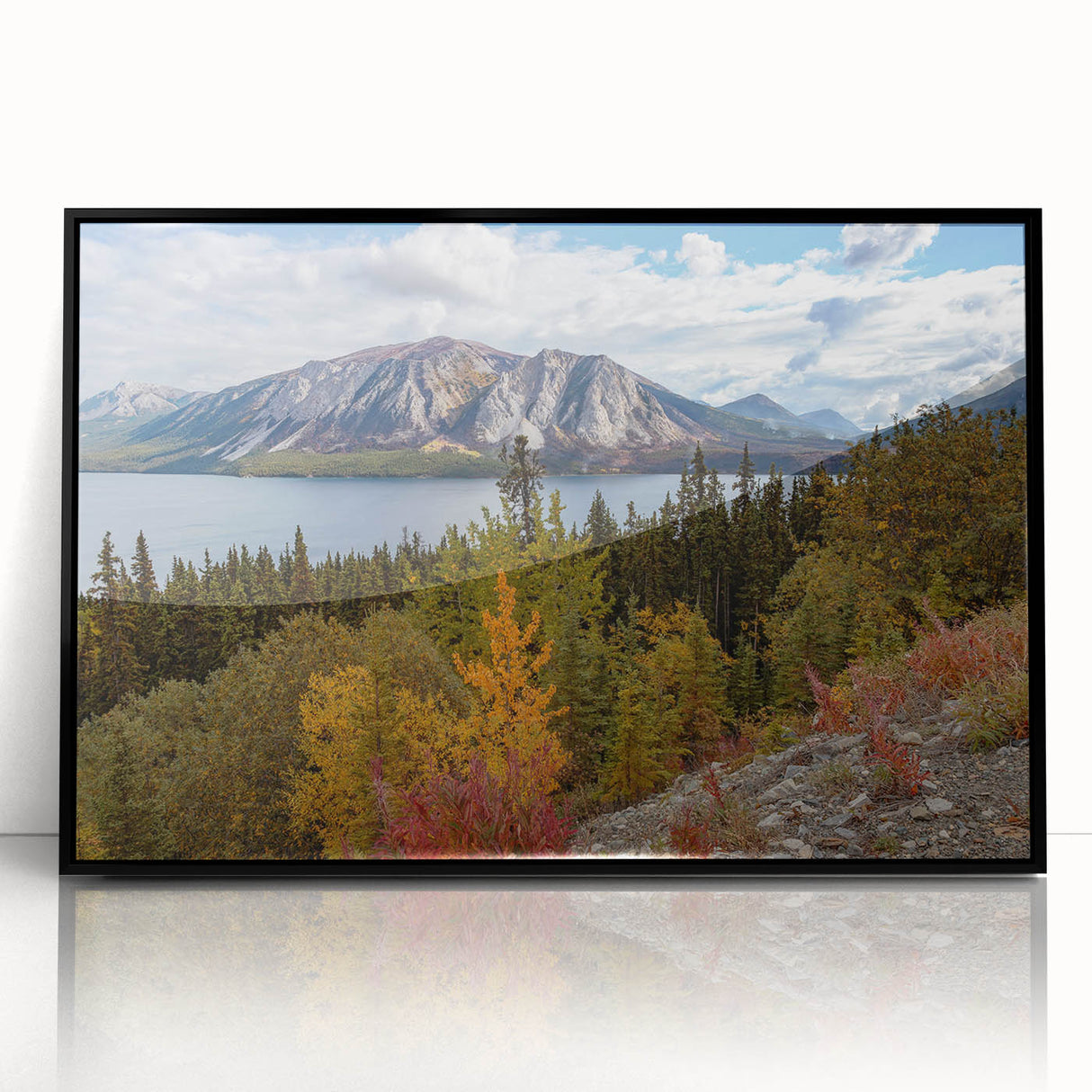 Large abstract wall art featuring a scenic Yukon landscape in muted earth tones on a framed acrylic.