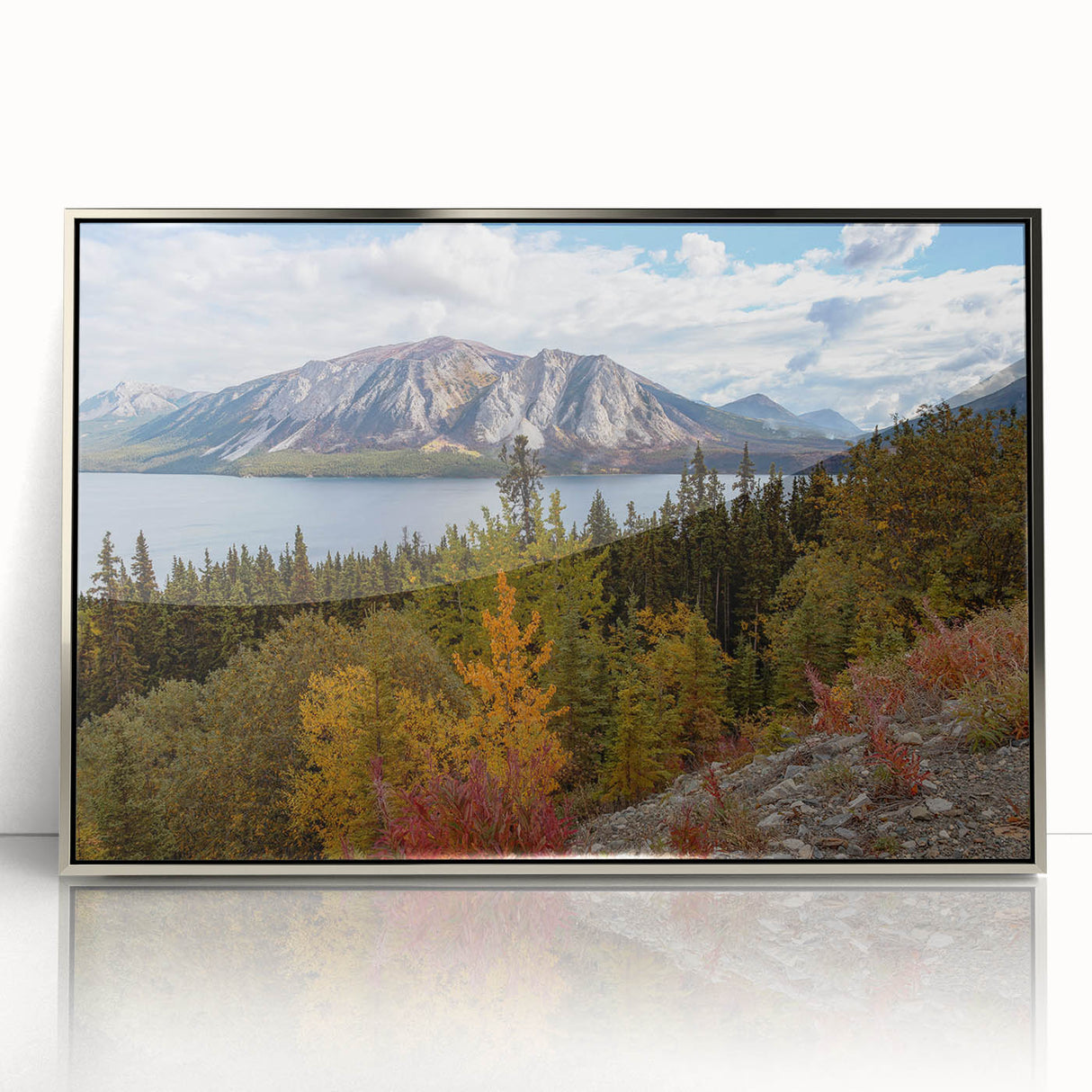 Mid-century modernist art of Yukon scenery in acrylic, framed in silver, with earthy tones, ideal for nursery wall art.