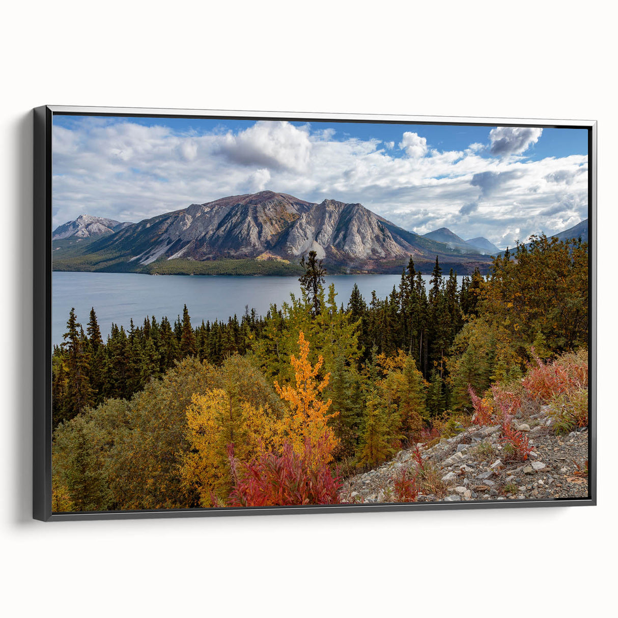 Black and white framed canvas featuring a vintage-style Yukon landscape, ideal for bedroom wall decor.