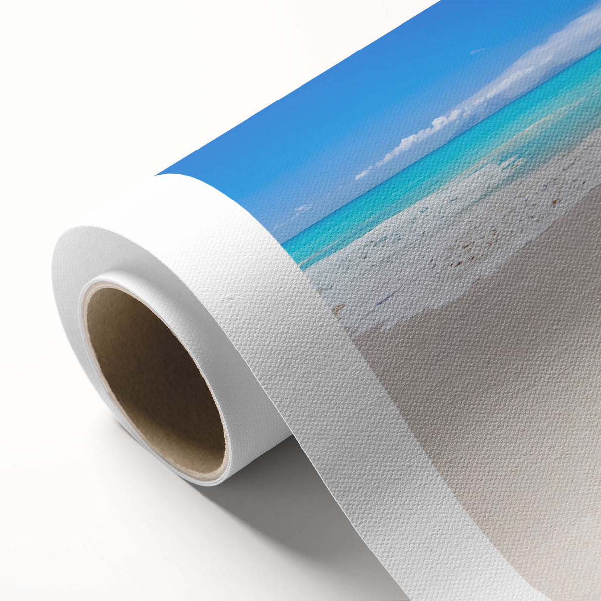 Art deco poster of Caribbean Antigua scenery on rolled canvas, featuring soft blue and green tones.