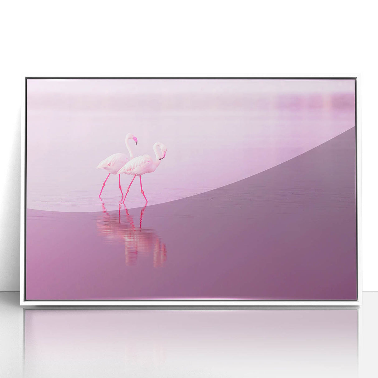 Mid-century modernist art depicting a Caribbean scenery on framed acrylic, using pastel blue and white tones.