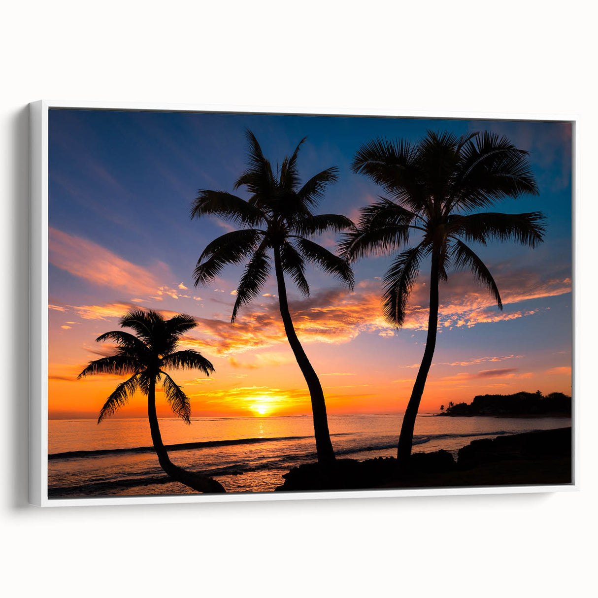 Vintage poster art of Caribbean Bahamas scenery on framed canvas with vibrant colors, ideal for living room decor.