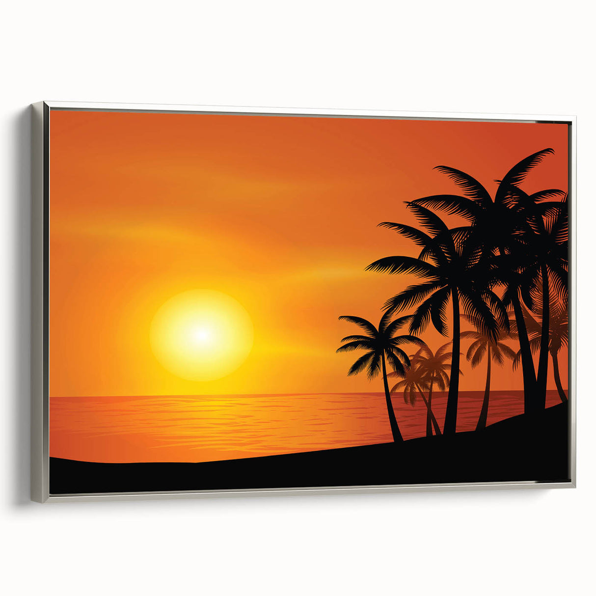 Framed canvas featuring a vintage-style Barbados landscape with muted blue and green tones, ideal for bedroom wall art.