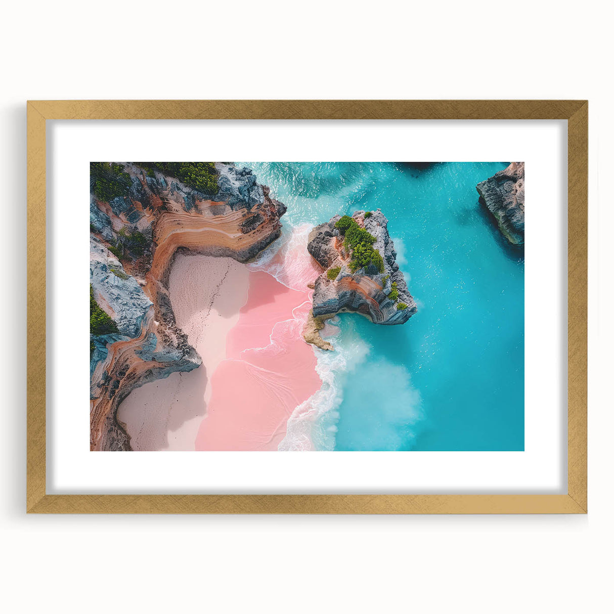 Abstract art print of a Caribbean scene in muted blue and green tones, framed in gold, suitable for dining room decor.