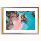 Abstract art print of a Caribbean scene in muted blue and green tones, framed in gold, suitable for dining room decor.