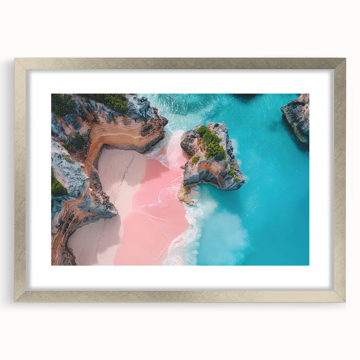 Abstract art print of Caribbean scenery in textured shades of blue and green, framed in silver.
