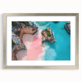 Abstract art print of Caribbean scenery in textured shades of blue and green, framed in silver.