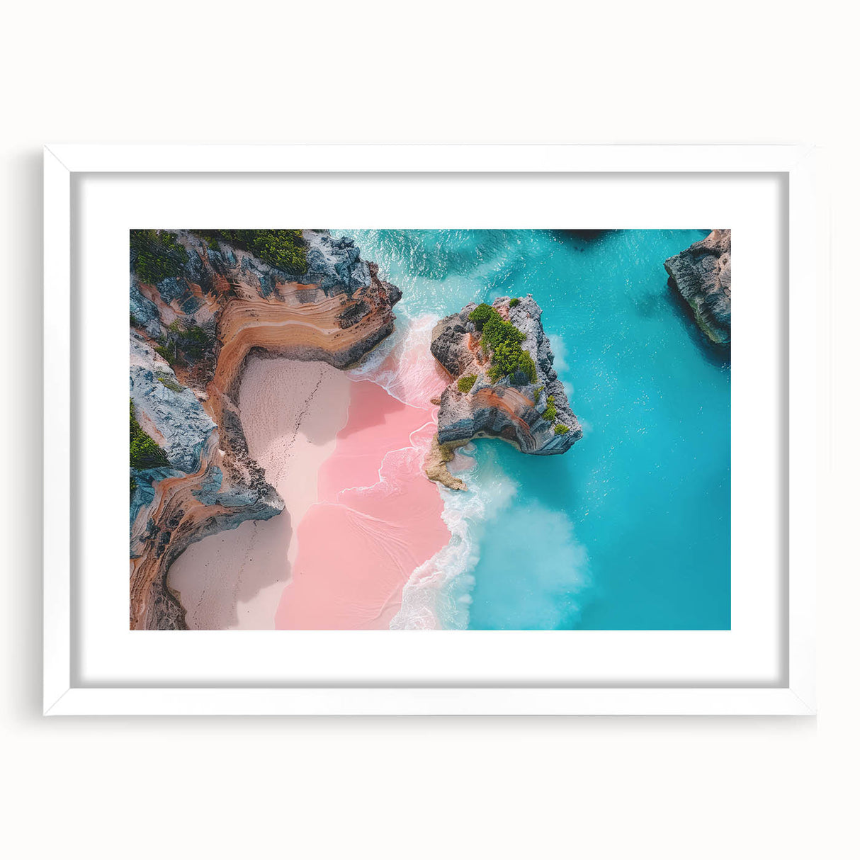 Textured abstract art print depicting Caribbean scenery in vibrant blue and green tones, framed with a white mat.
