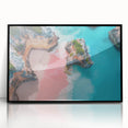 Large abstract wall art depicting Caribbean scenery in muted blues and greens, framed in black acrylic.