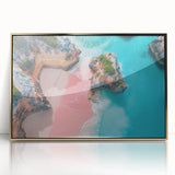 Art deco poster of Caribbean scenery in gold frame, acrylic print, suitable for modern nursery decor.