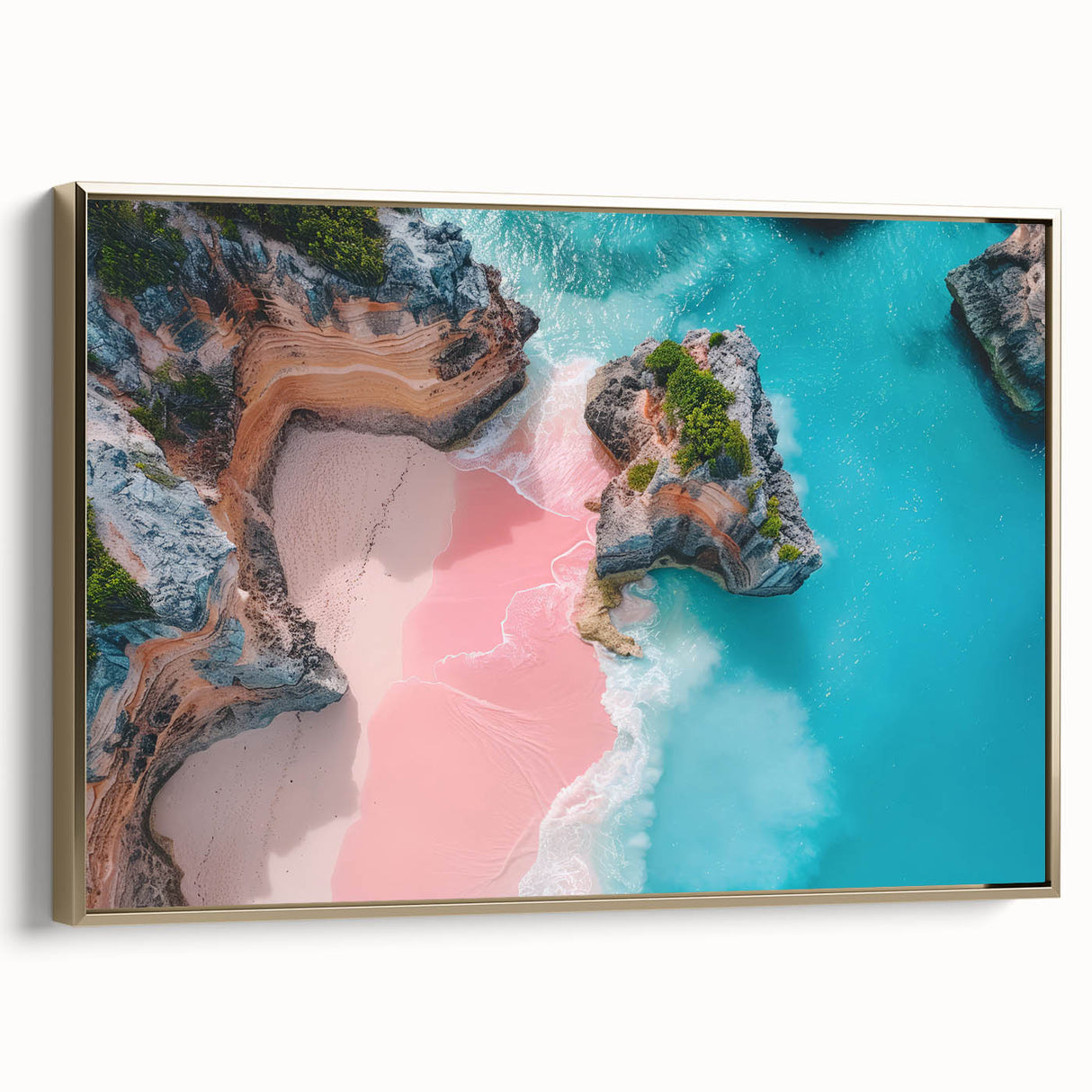 Vintage poster art featuring a Caribbean Bermuda scenery on framed canvas with gold accents, ideal for living room decor.