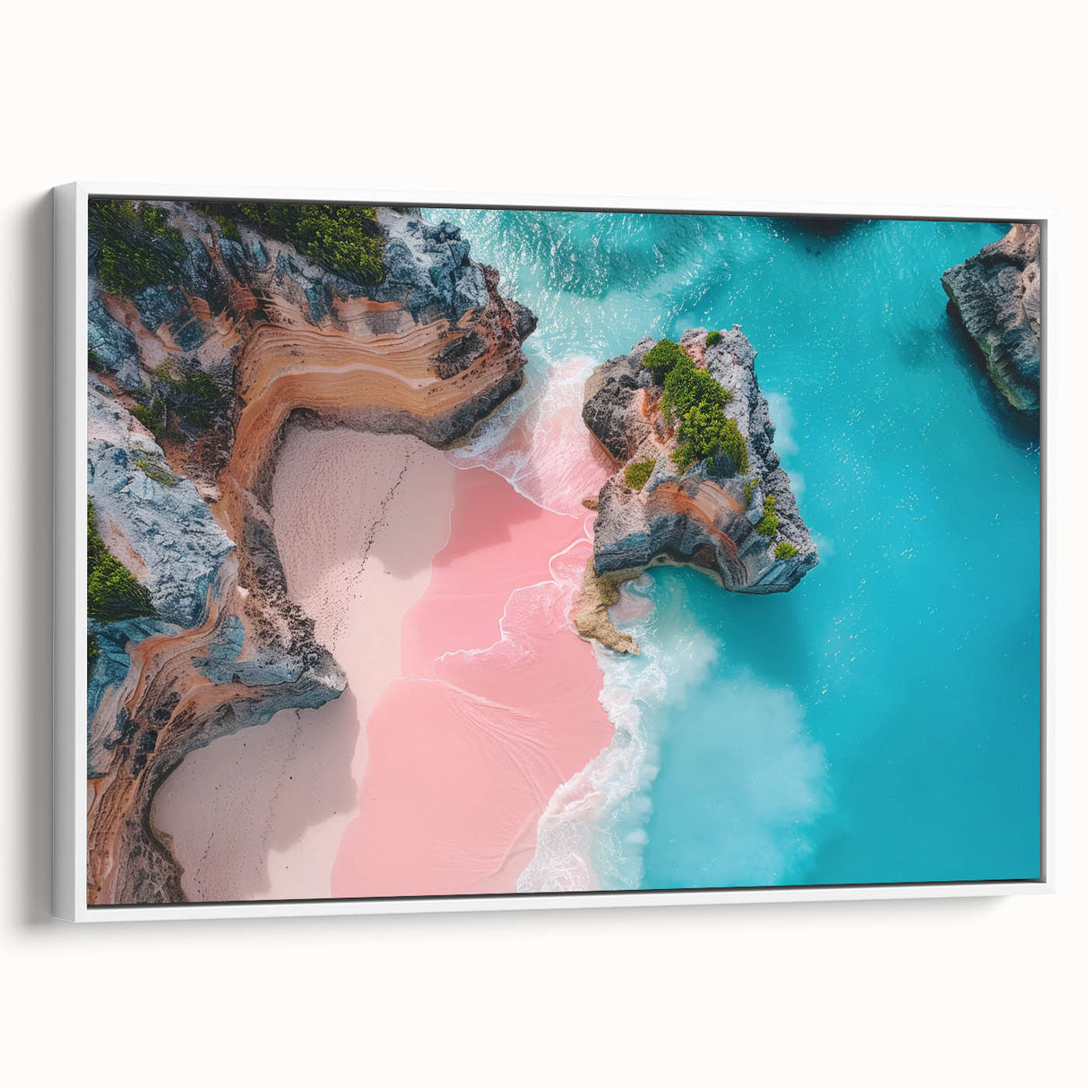 Landscape art painting of a Caribbean scene on framed canvas, featuring vibrant colors and vintage poster style.