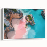 Landscape art painting of a Caribbean scene on framed canvas, featuring vibrant colors and vintage poster style.